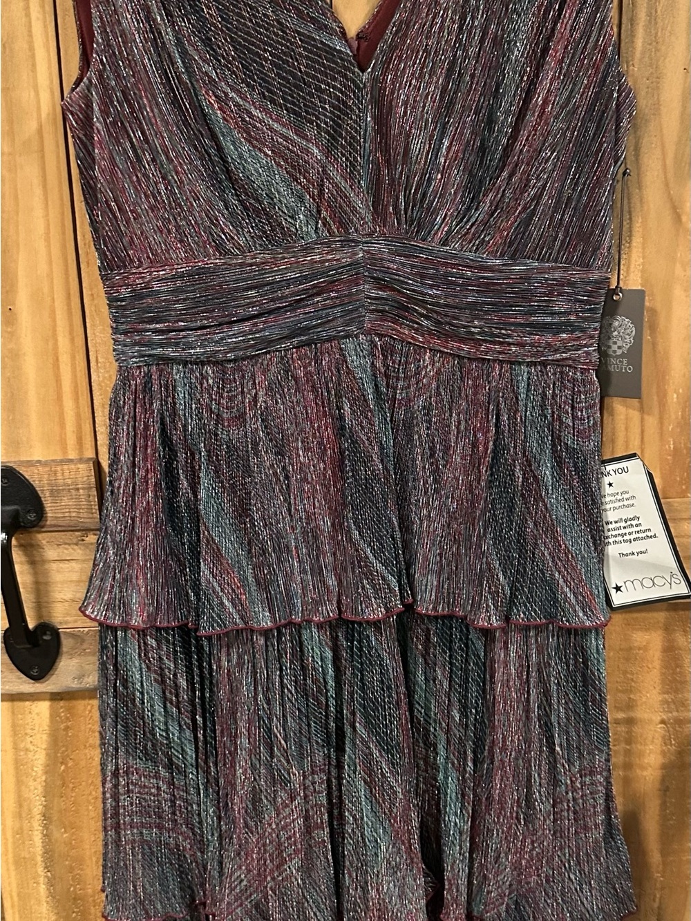 Vince Camuto Metallic Ruffle layered Midi Dress in Burgundy and Teal